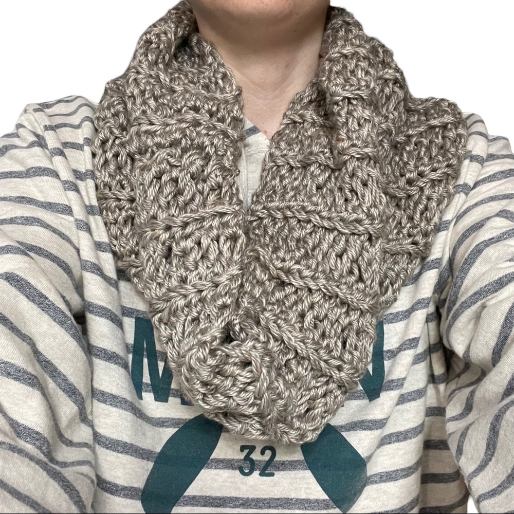 Handmade Homemade Crochet Cowl Infinity Scarf Brown Tan Winter Outerwear